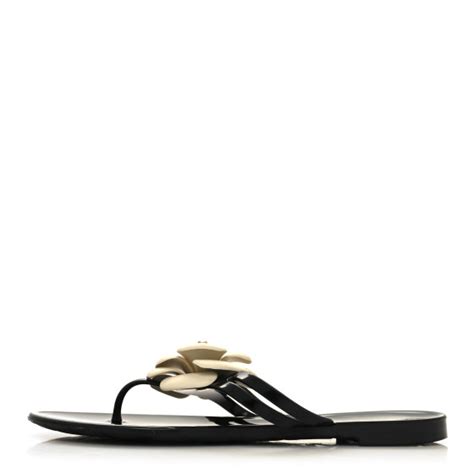 CHANEL Jelly Camellia Thong Sandals 39 Black Ivory